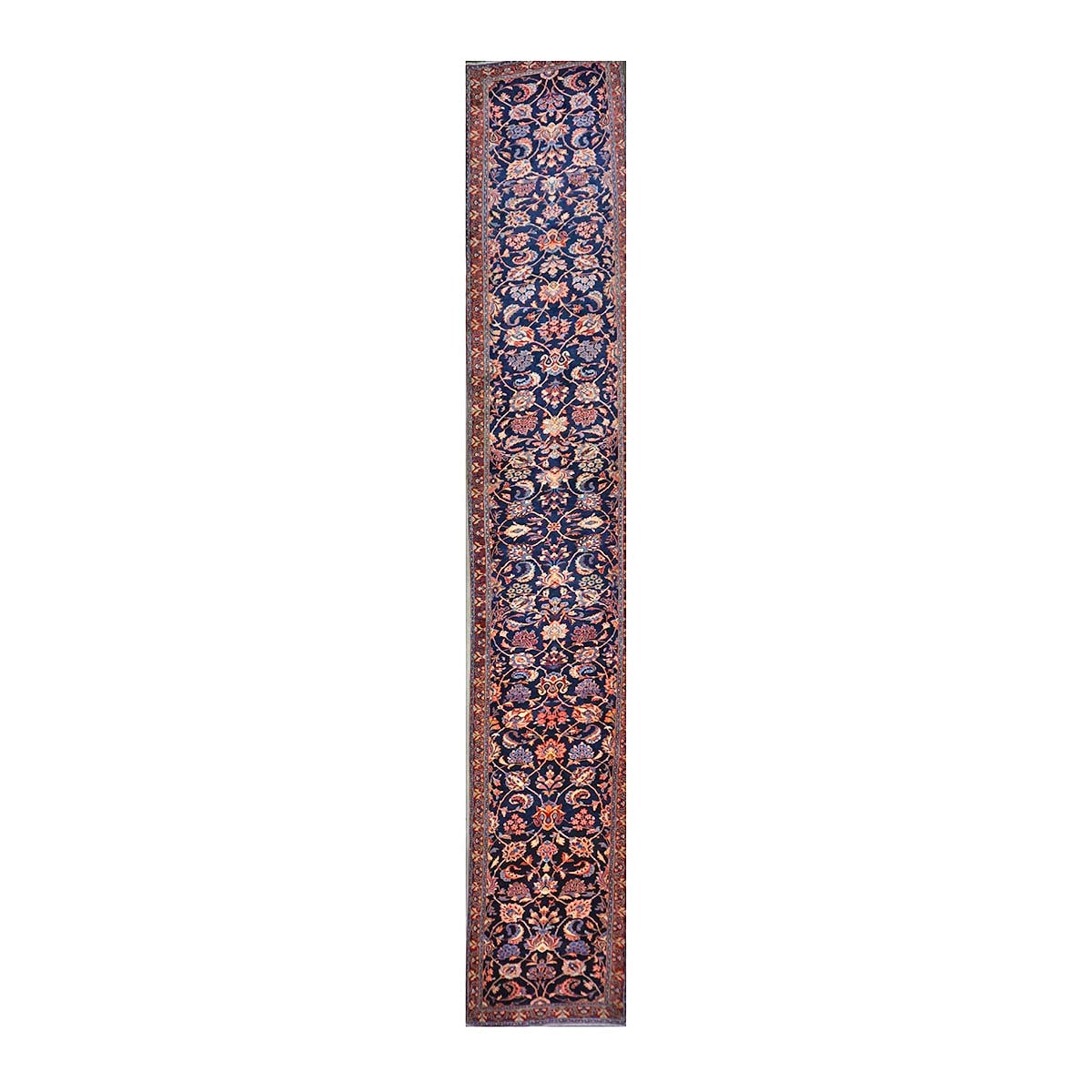 Vintage Persian Sarouk Wool 3x21 Navy, Ivory & Red Handmade Runner Rug #1144747