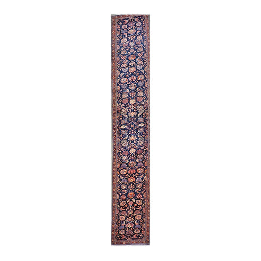 Vintage Persian Sarouk Wool 3x21 Navy, Ivory & Red Handmade Runner Rug #1144747