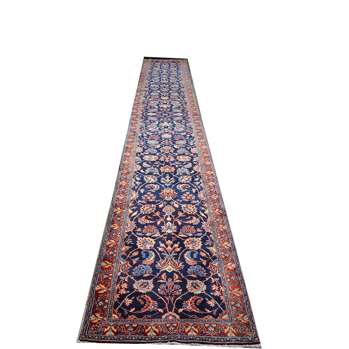 Vintage Persian Sarouk Wool 3x21 Navy, Ivory & Red Handmade Runner Rug #1144747