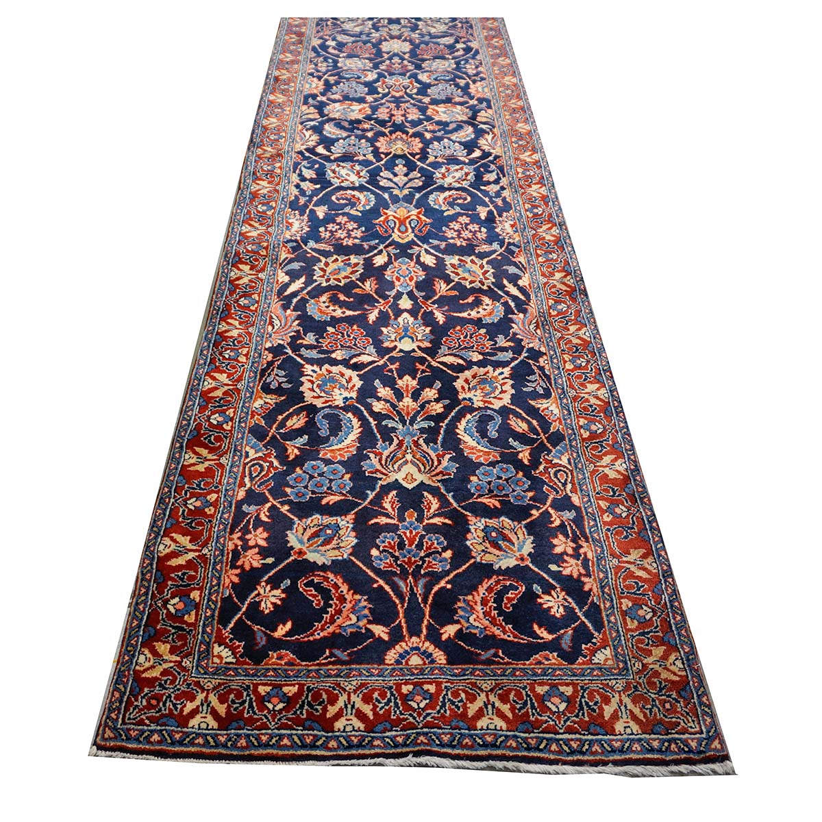 Vintage Persian Sarouk Wool 3x21 Navy, Ivory & Red Handmade Runner Rug #1144747