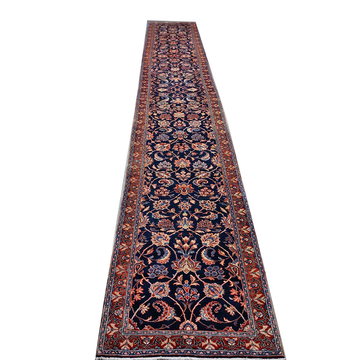 Vintage Persian Sarouk Wool 3x21 Navy, Ivory & Red Handmade Runner Rug #1144747