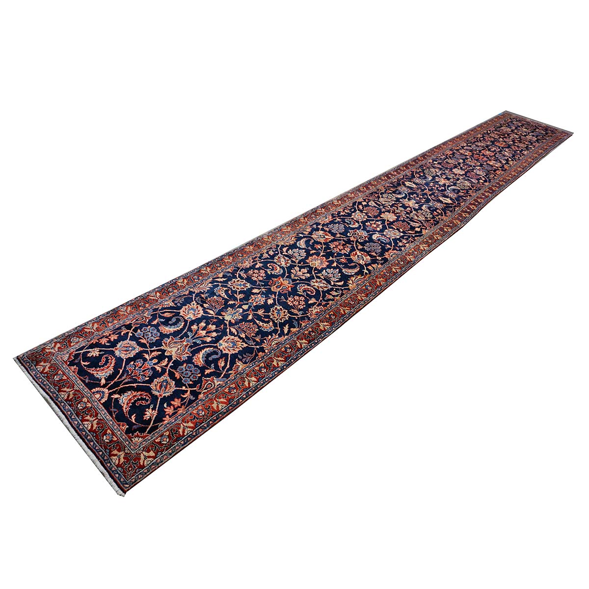 Vintage Persian Sarouk Wool 3x21 Navy, Ivory & Red Handmade Runner Rug #1144747