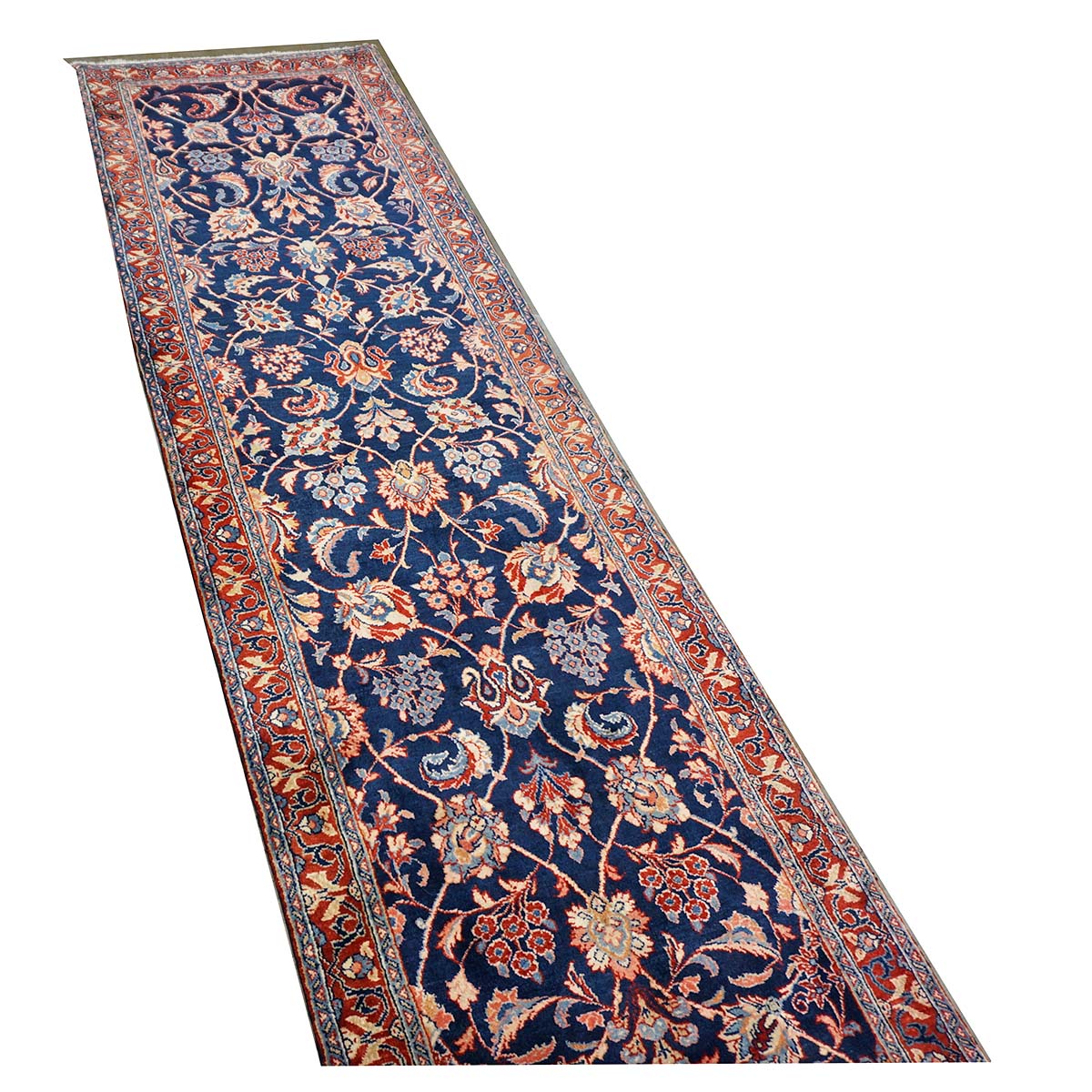Vintage Persian Sarouk Wool 3x21 Navy, Ivory & Red Handmade Runner Rug #1144747