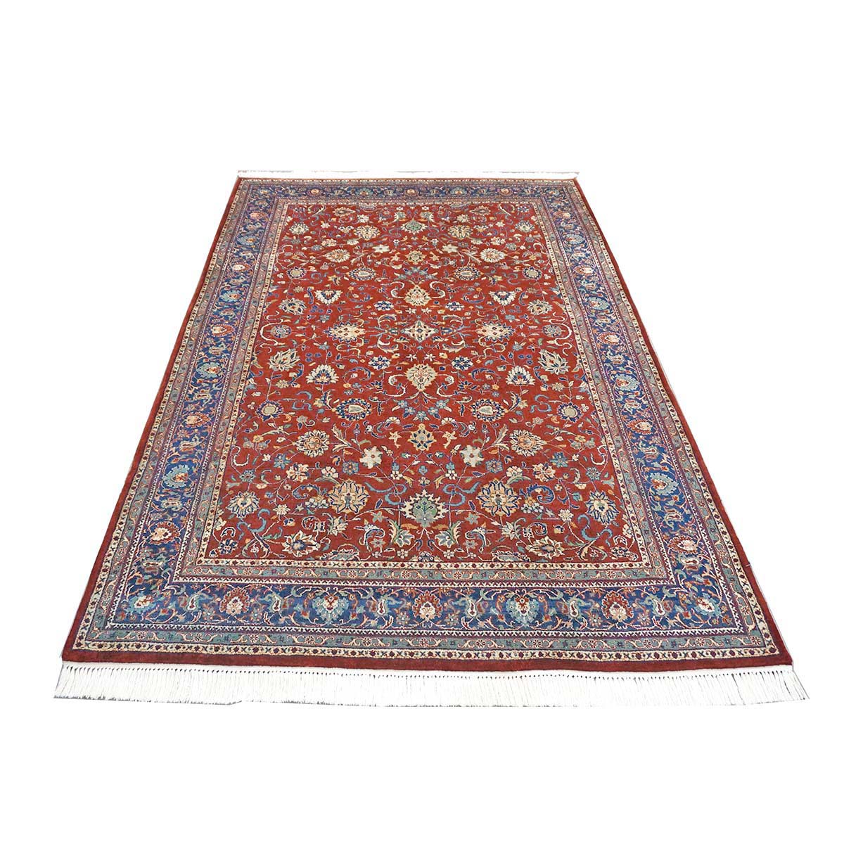 Vintage Indian Kashan Wool 6x9 Rust, Ivory & Navy Handmade Area Rug # 1144757