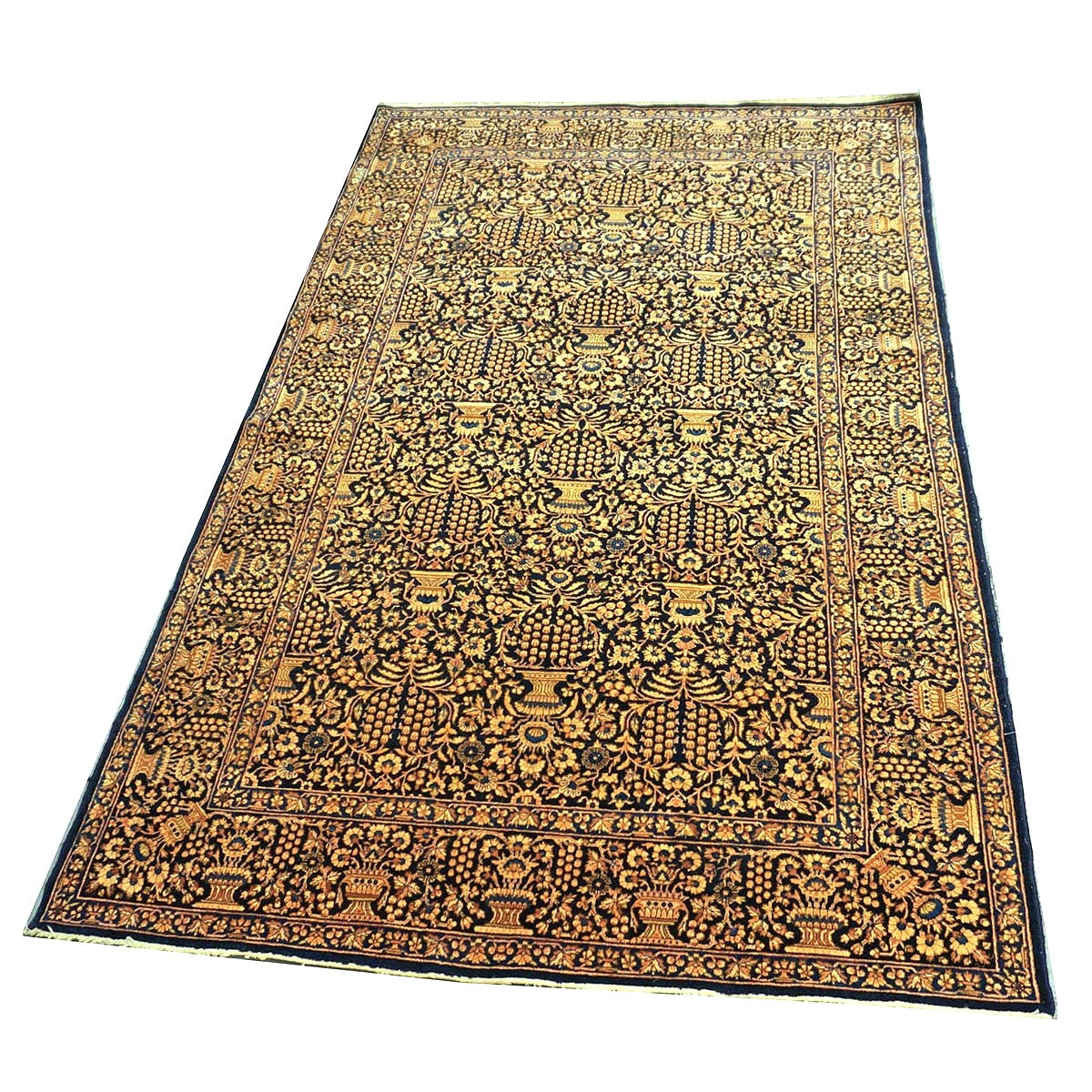 Antique Persian Kerman Wool 5x7 Navy, Wheat & Orange Handmade Area Rug #1144759