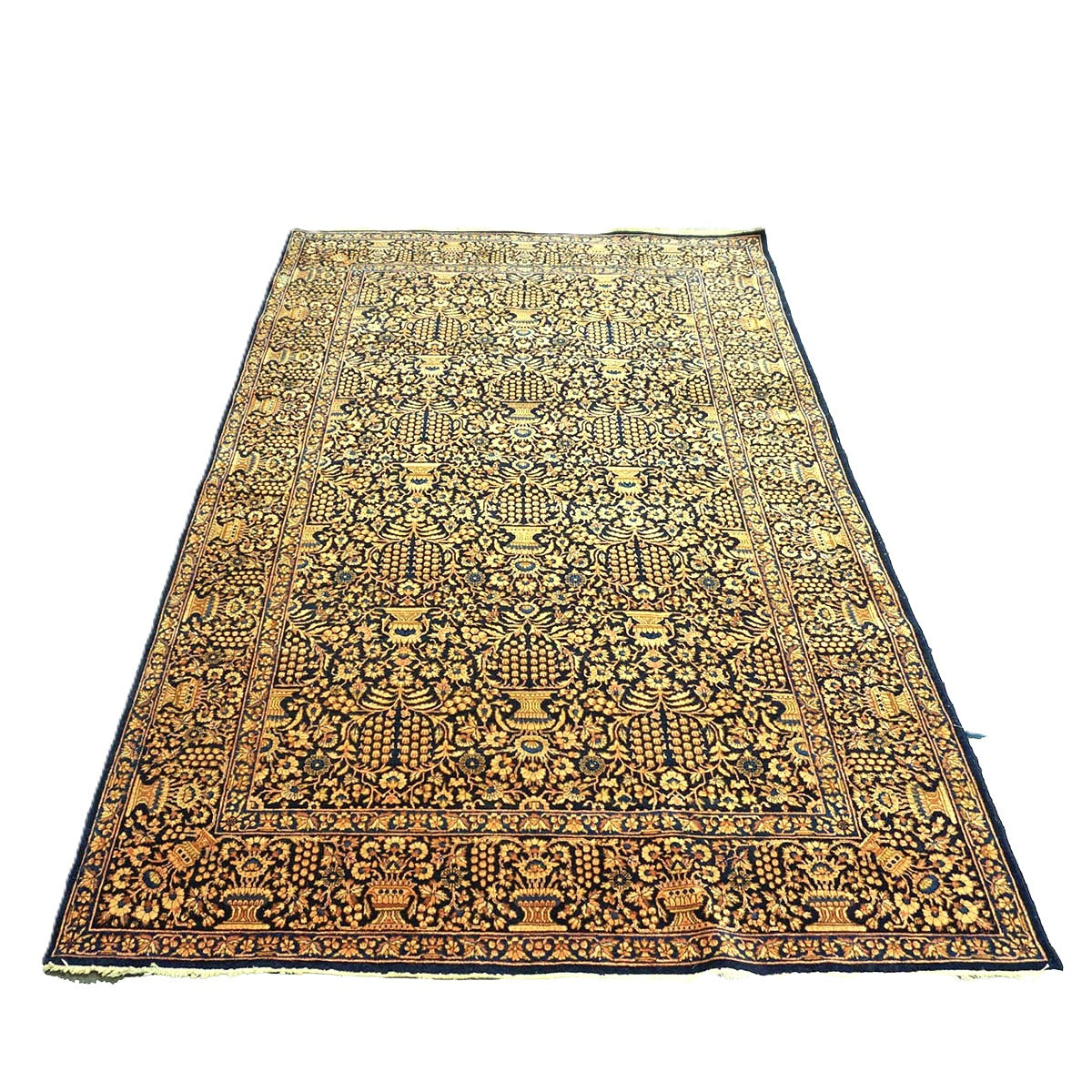 Antique Persian Kerman Wool 5x7 Navy, Wheat & Orange Handmade Area Rug #1144759