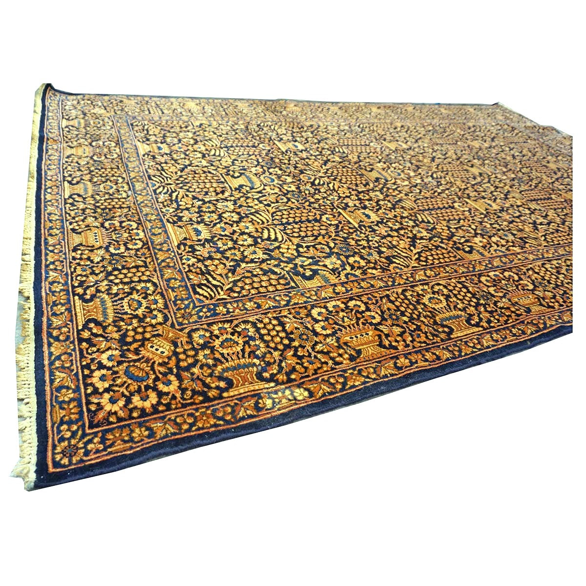 Antique Persian Kerman Wool 5x7 Navy, Wheat & Orange Handmade Area Rug #1144759