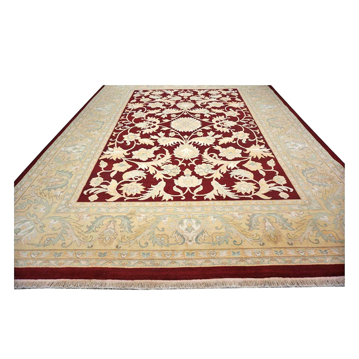 Chinese Oushak Wool 9x12 Burgundy & Tan Handmade Area Rug #1144766