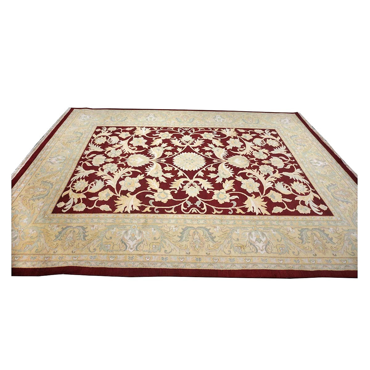 Chinese Oushak Wool 9x12 Burgundy & Tan Handmade Area Rug #1144766