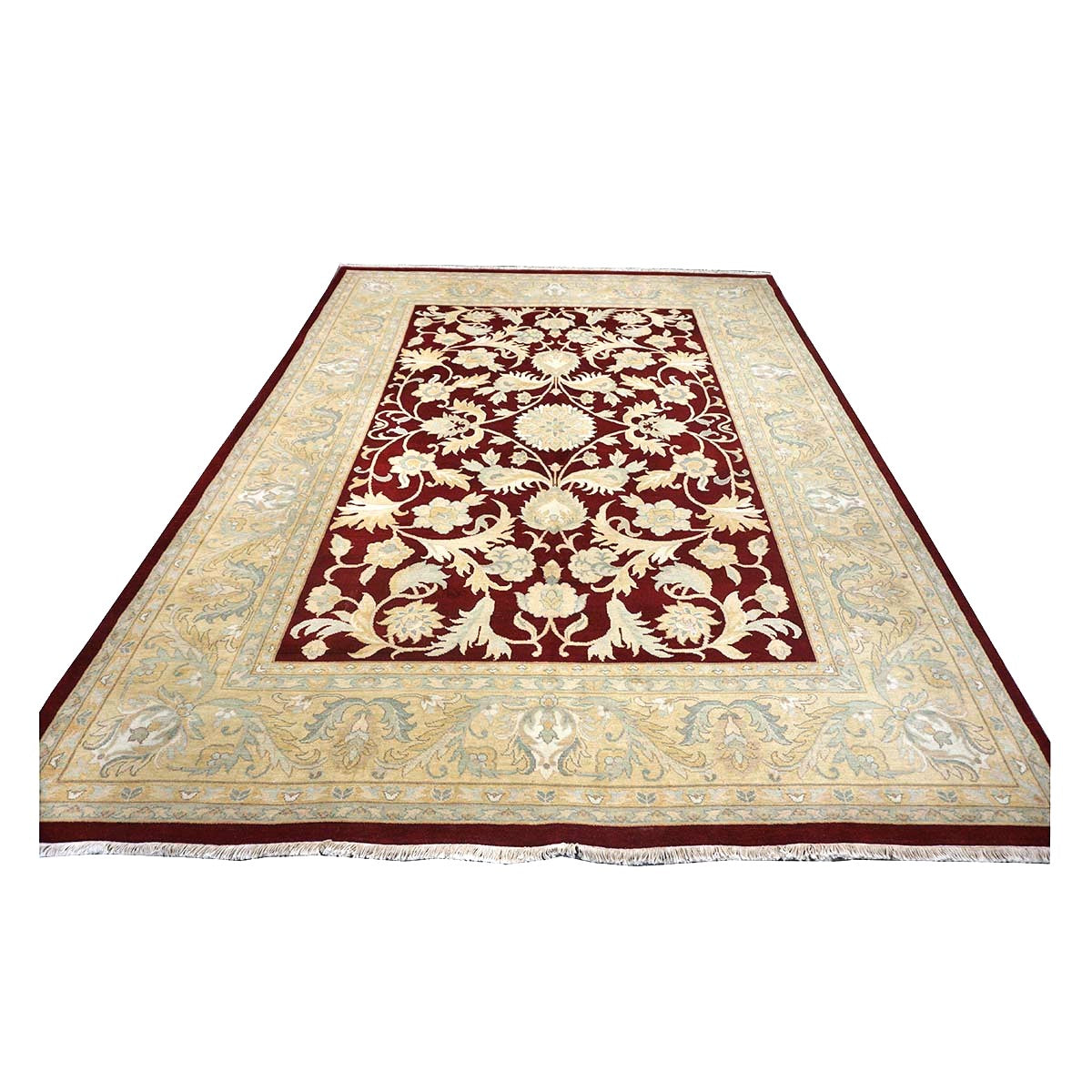 Chinese Oushak Wool 9x12 Burgundy & Tan Handmade Area Rug #1144766