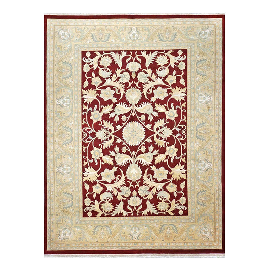 Chinese Oushak Wool 9x12 Burgundy & Tan Handmade Area Rug #1144766