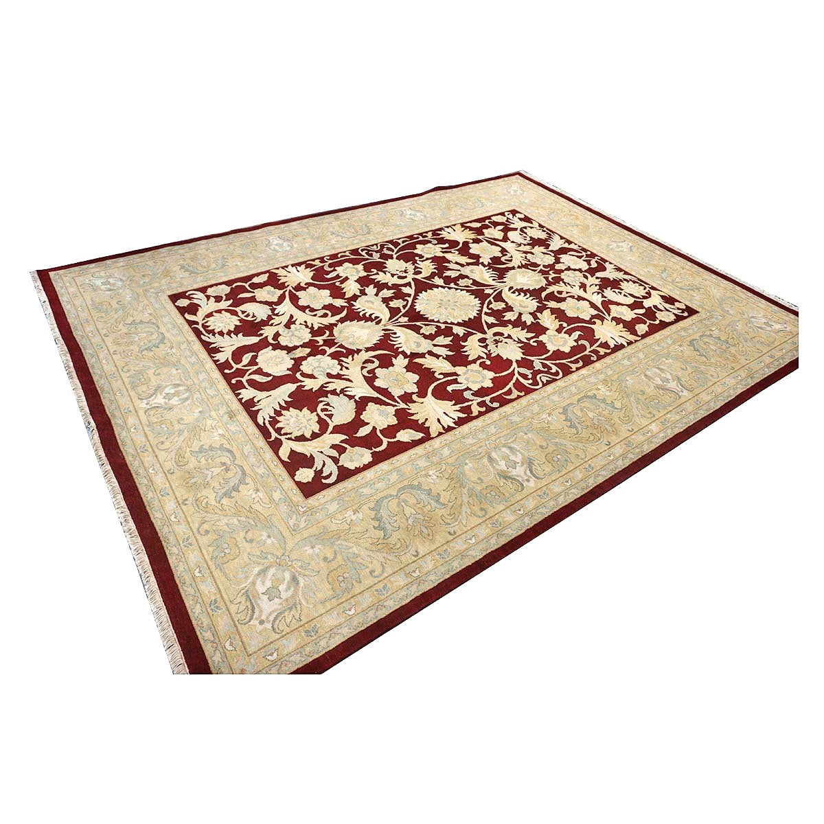 Chinese Oushak Wool 9x12 Burgundy & Tan Handmade Area Rug #1144766