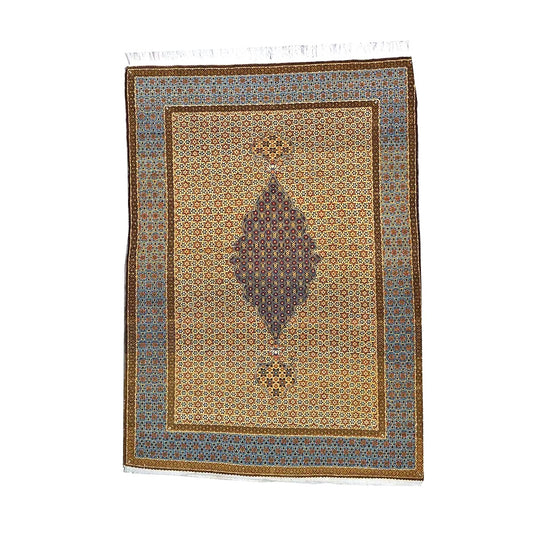 Antique Persian Kashan Wool 5x6 Camel, Ivory & Light Blue Handmade Area Rug #1144767
