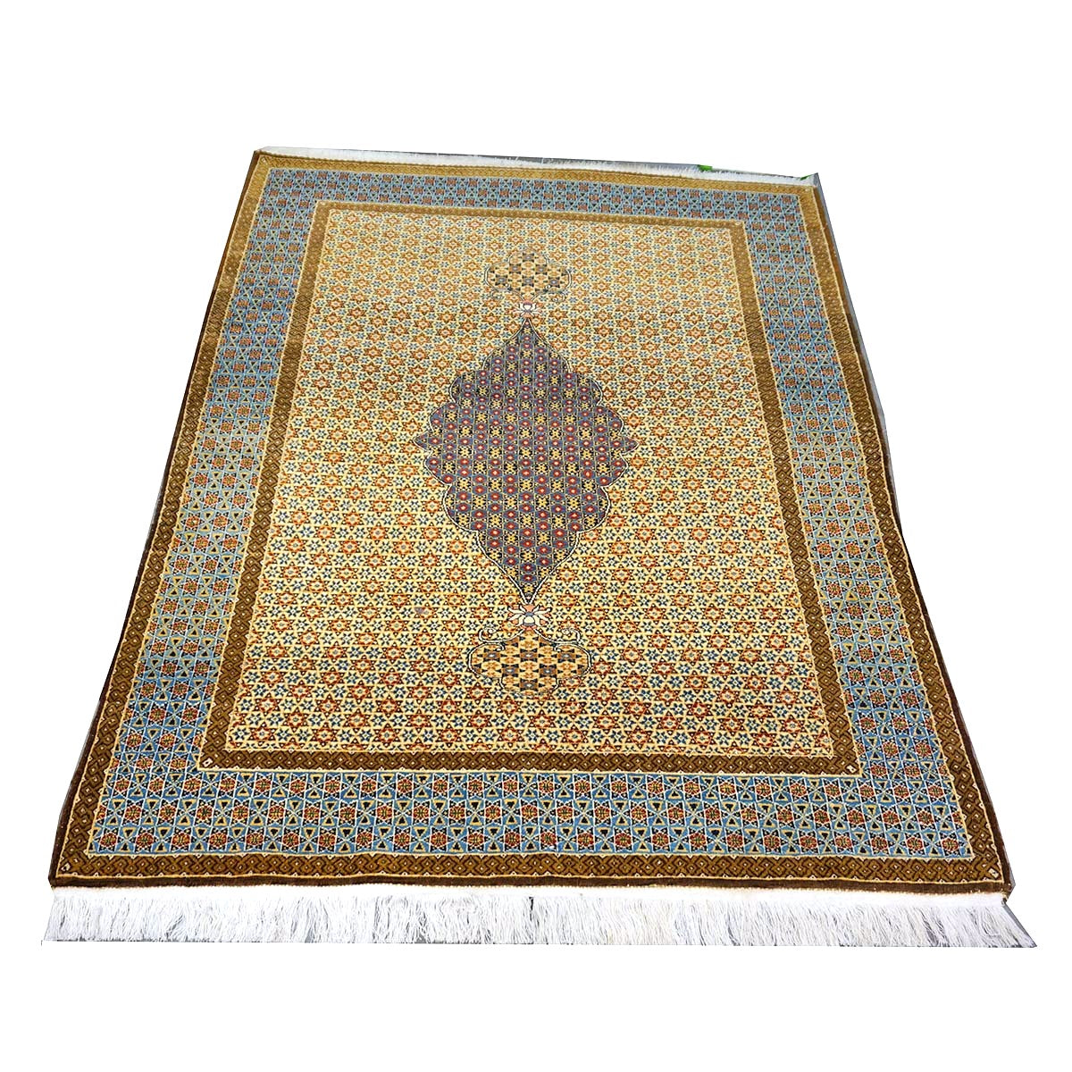 Antique Persian Kashan Wool 5x6 Camel, Ivory & Light Blue Handmade Area Rug #1144767
