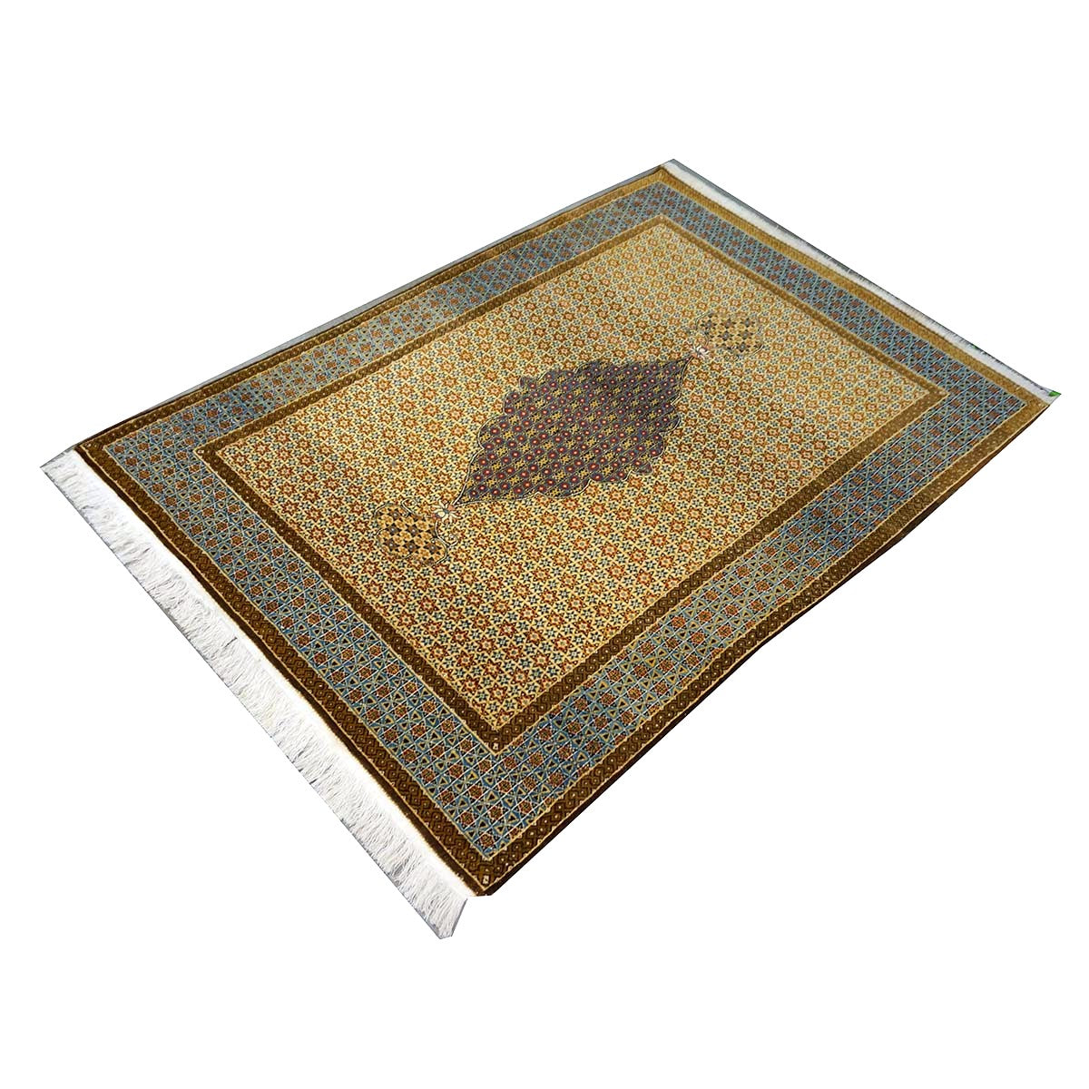 Antique Persian Kashan Wool 5x6 Camel, Ivory & Light Blue Handmade Area Rug #1144767