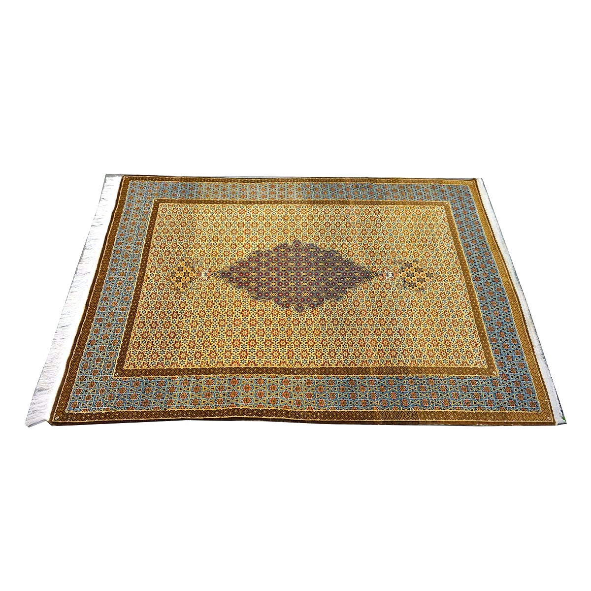 Antique Persian Kashan Wool 5x6 Camel, Ivory & Light Blue Handmade Area Rug #1144767