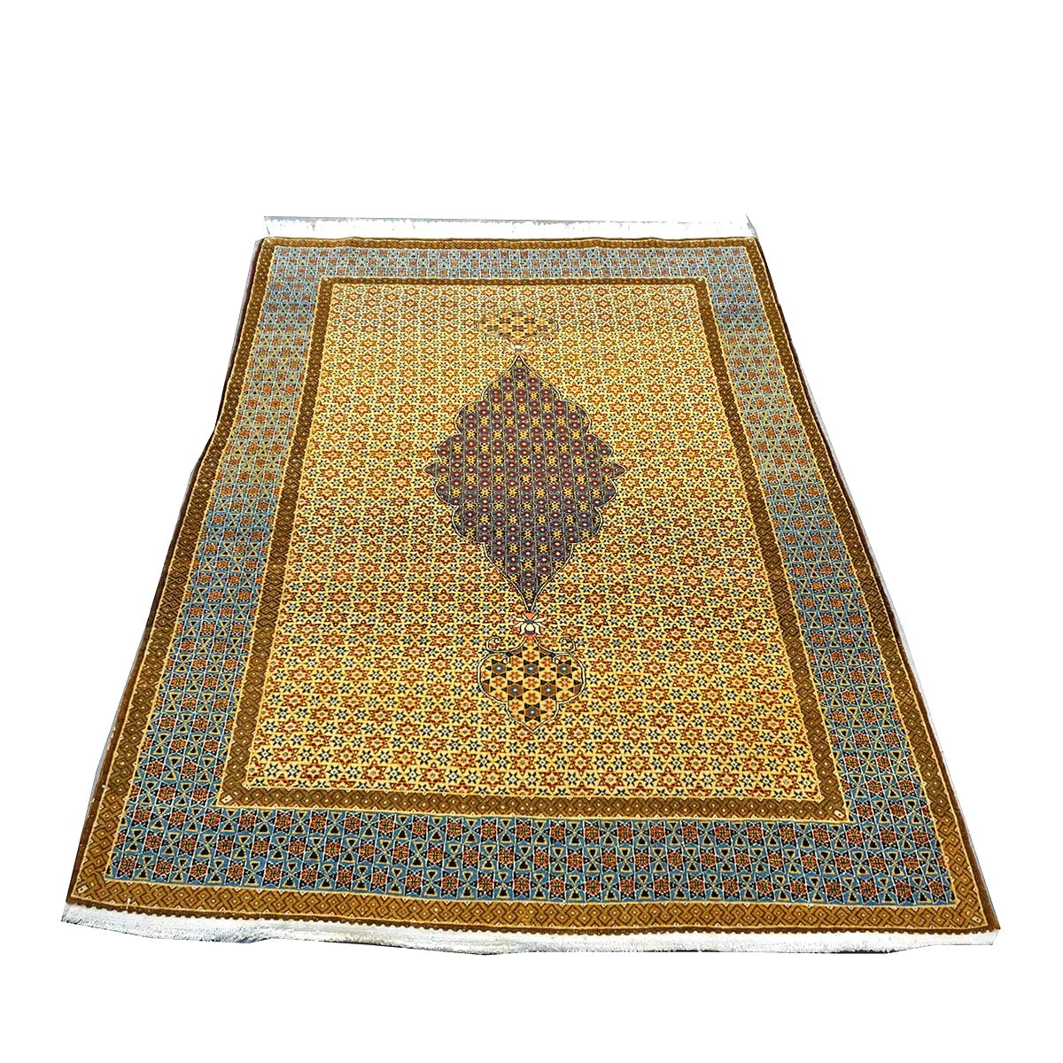Antique Persian Kashan Wool 5x6 Camel, Ivory & Light Blue Handmade Area Rug #1144767