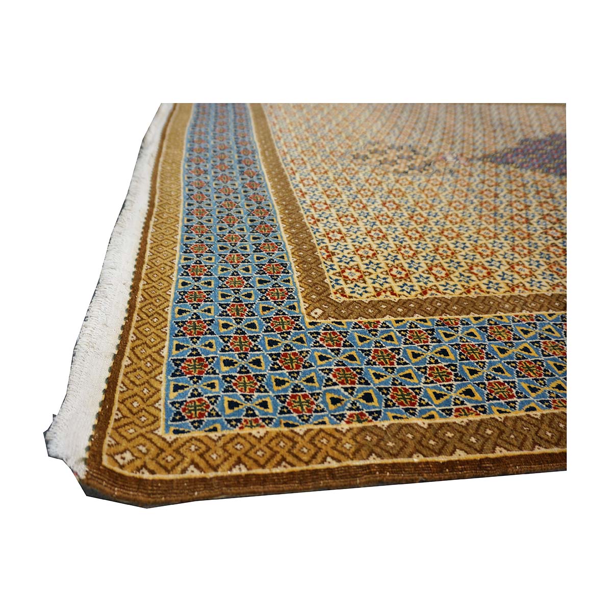 Antique Persian Kashan Wool 5x6 Camel, Ivory & Light Blue Handmade Area Rug #1144767
