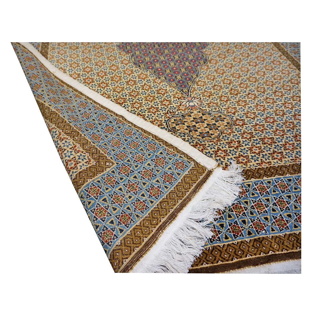Antique Persian Kashan Wool 5x6 Camel, Ivory & Light Blue Handmade Area Rug #1144767