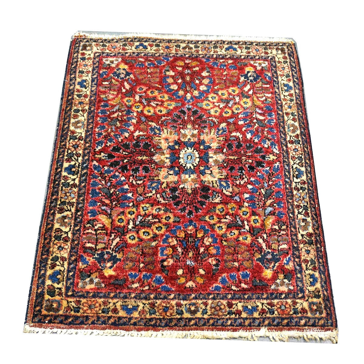 Antique Persian Sarouk Wool 2x3 Red, Blue & Ivory Handmade Throw Rug  #1144772