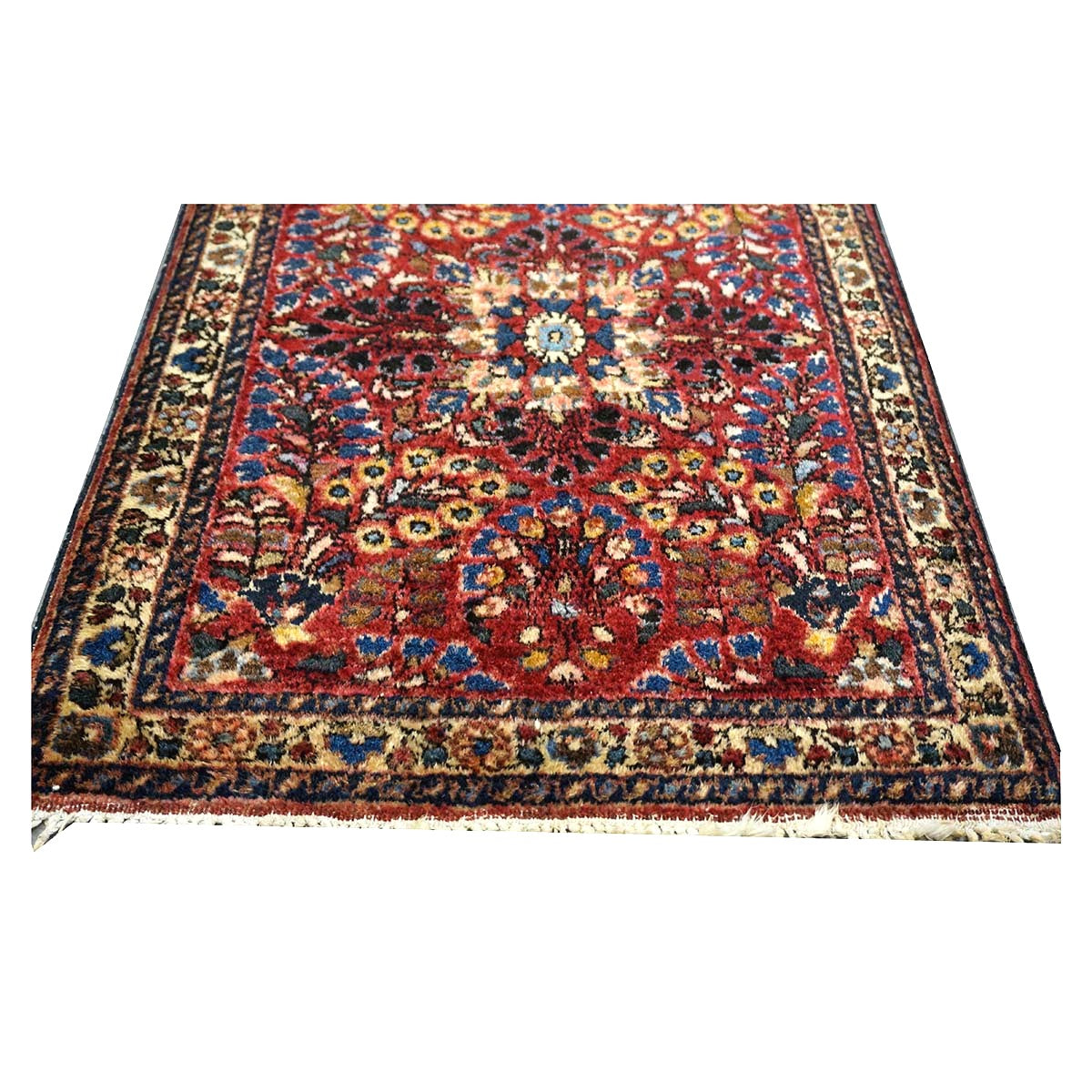 Antique Persian Sarouk Wool 2x3 Red, Blue & Ivory Handmade Throw Rug  #1144772