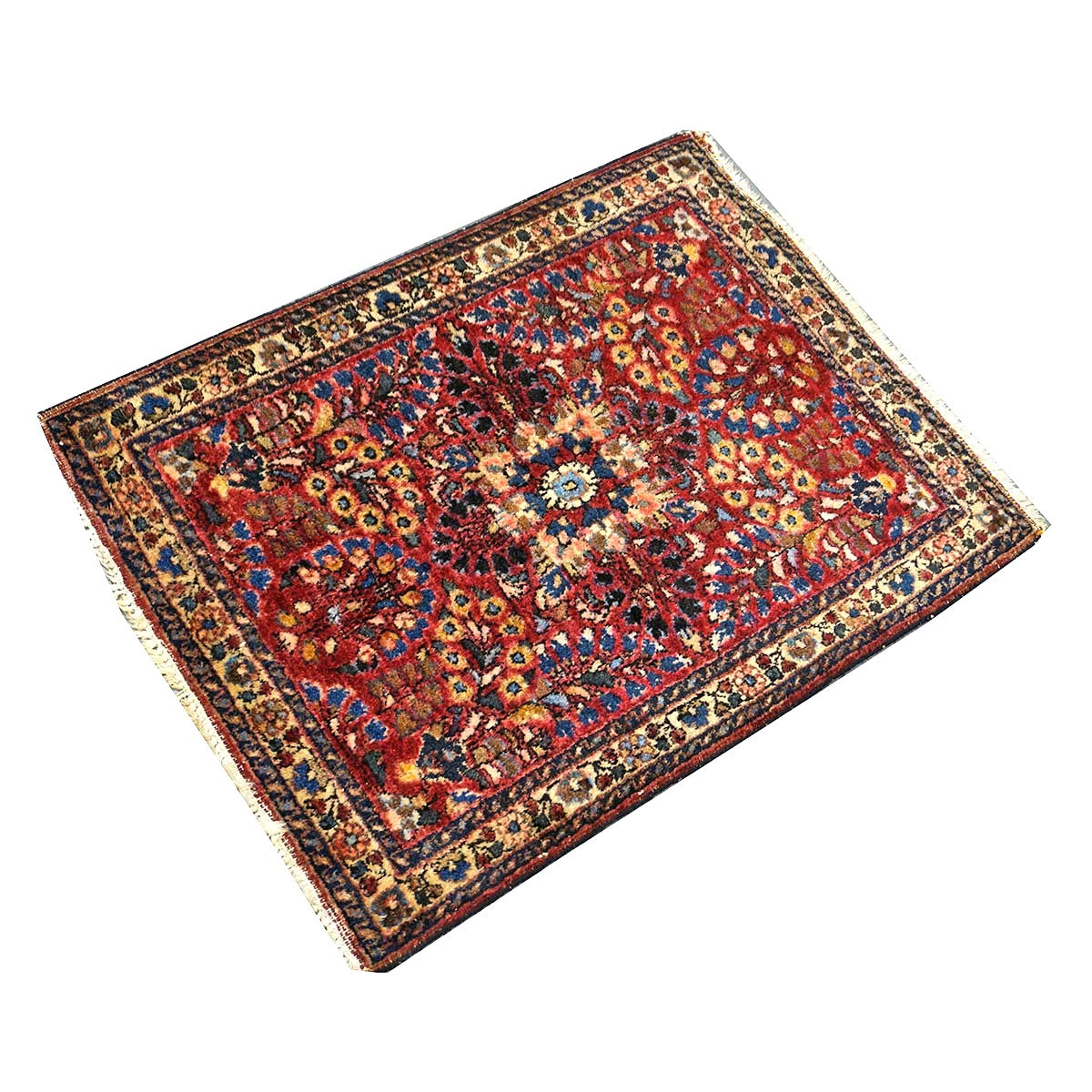 Antique Persian Sarouk Wool 2x3 Red, Blue & Ivory Handmade Throw Rug  #1144772
