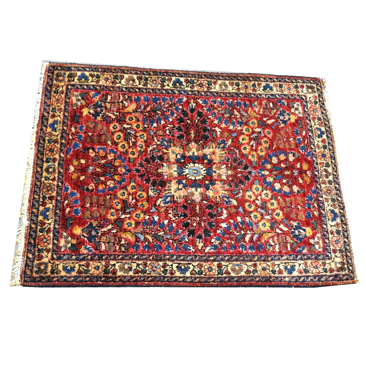 Antique Persian Sarouk Wool 2x3 Red, Blue & Ivory Handmade Throw Rug  #1144772