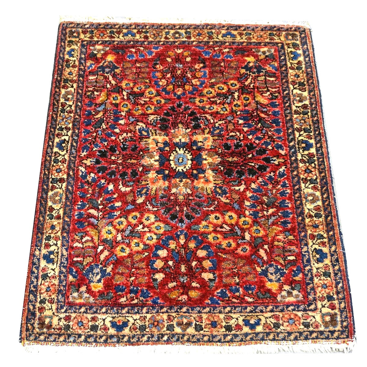 Antique Persian Sarouk Wool 2x3 Red, Blue & Ivory Handmade Throw Rug  #1144772