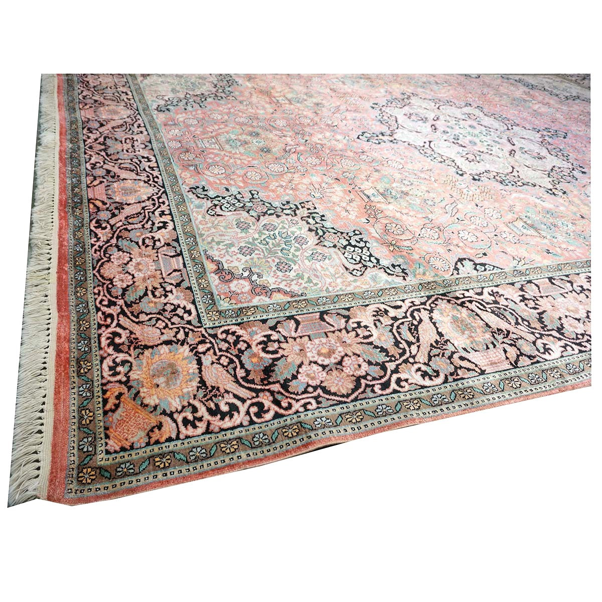 Vintage Kashmiri Silk Qum 9x12 Salmon, Ivory & Black Handmade Area Rug #1144775