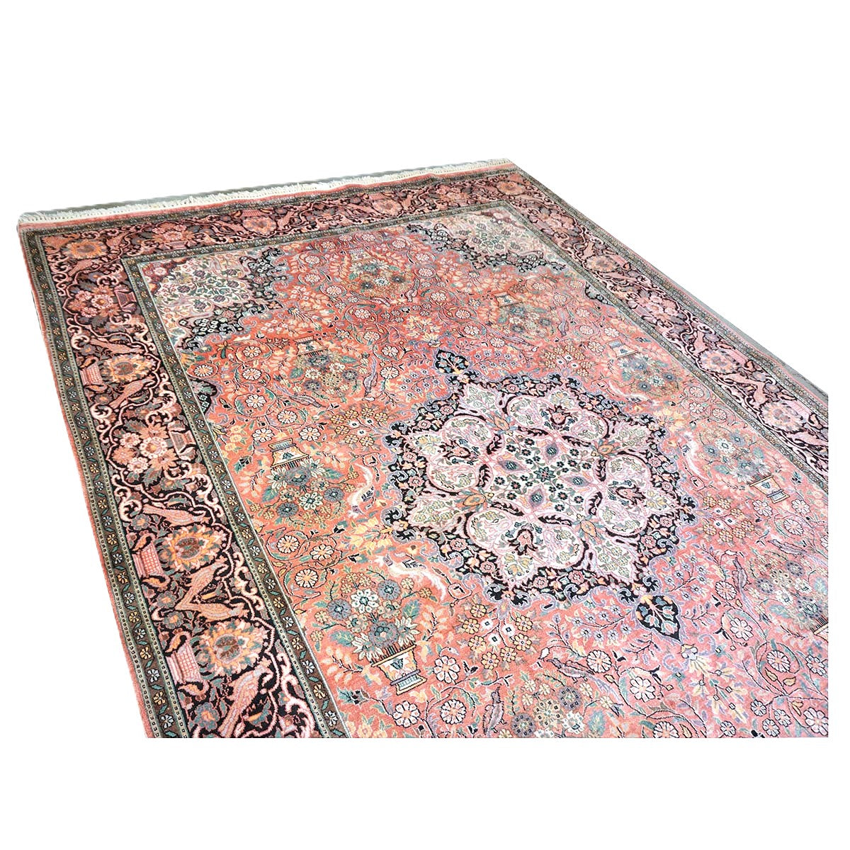Vintage Kashmiri Silk Qum 9x12 Salmon, Ivory & Black Handmade Area Rug #1144775