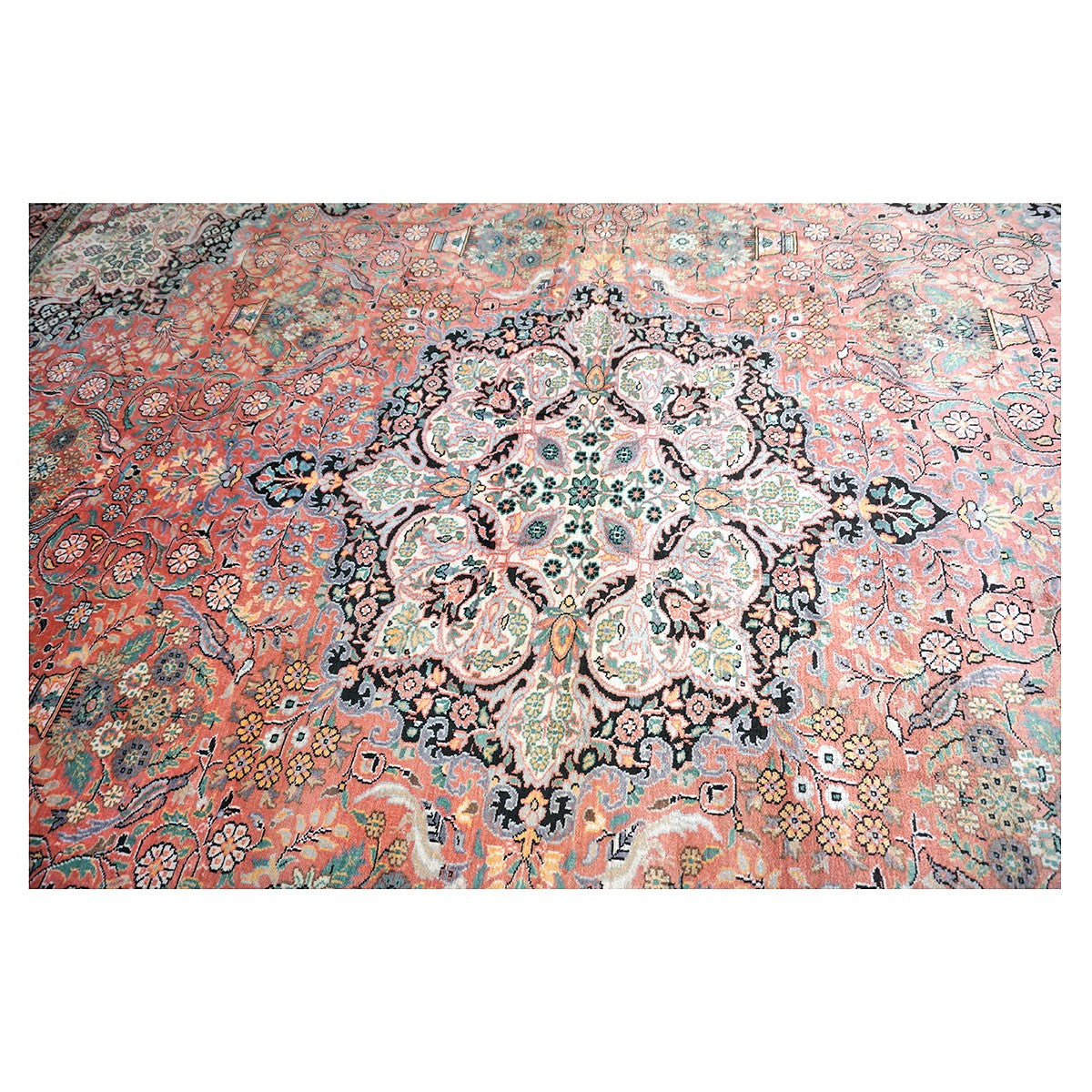 Vintage Kashmiri Silk Qum 9x12 Salmon, Ivory & Black Handmade Area Rug #1144775