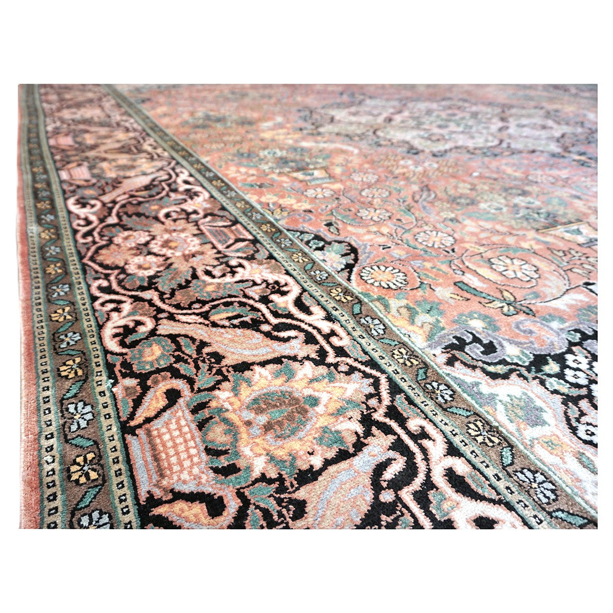 Vintage Kashmiri Silk Qum 9x12 Salmon, Ivory & Black Handmade Area Rug #1144775