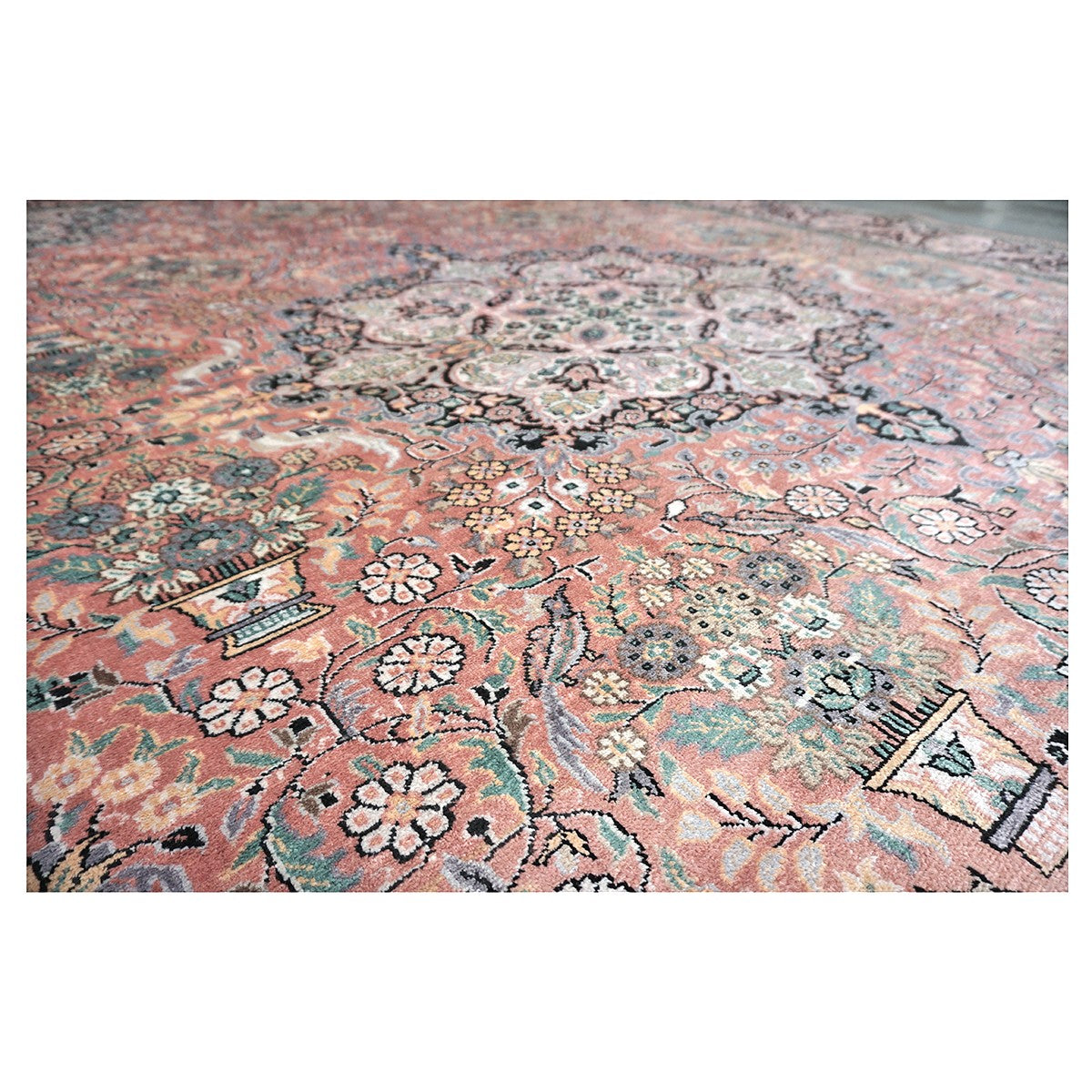 Vintage Kashmiri Silk Qum 9x12 Salmon, Ivory & Black Handmade Area Rug #1144775