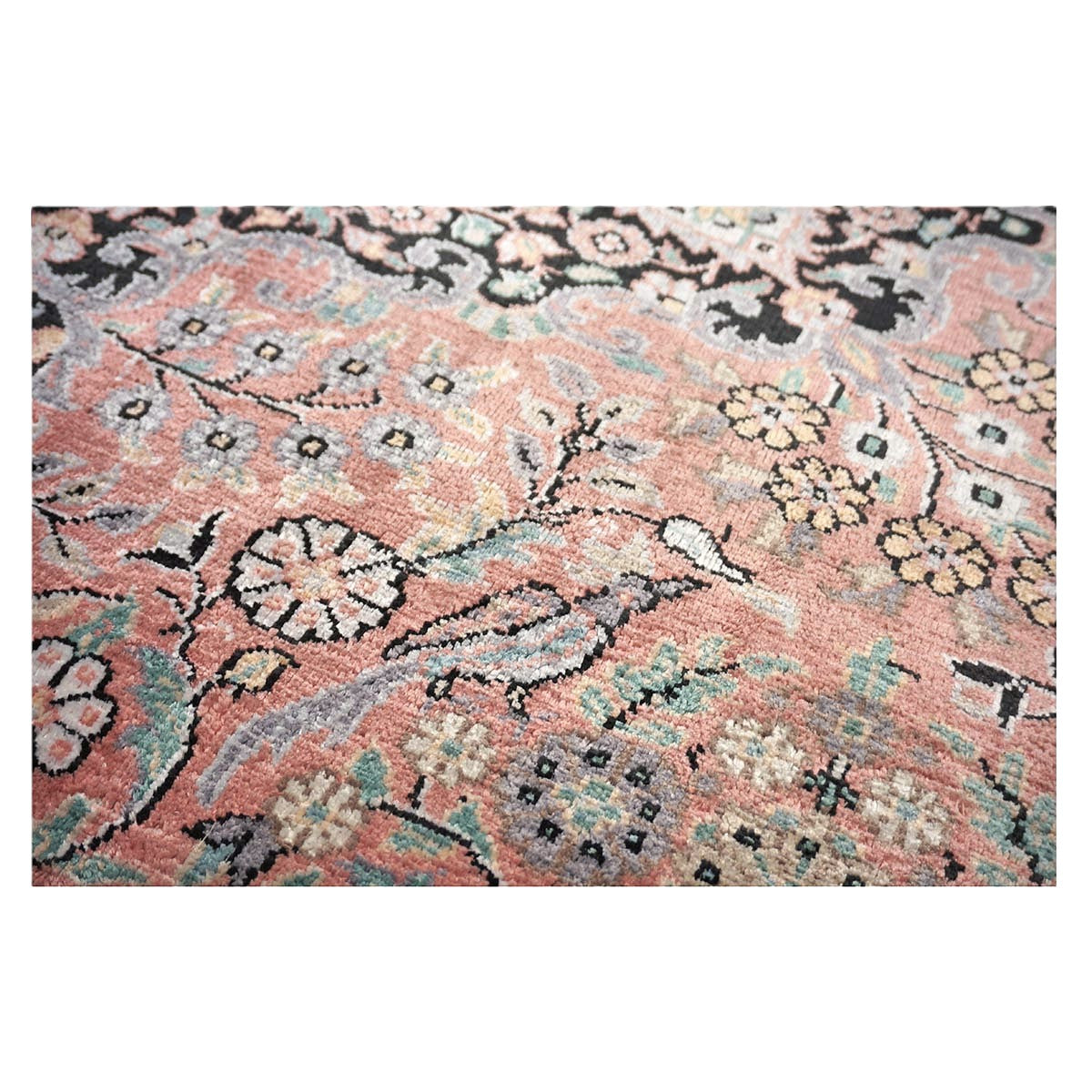 Vintage Kashmiri Silk Qum 9x12 Salmon, Ivory & Black Handmade Area Rug #1144775