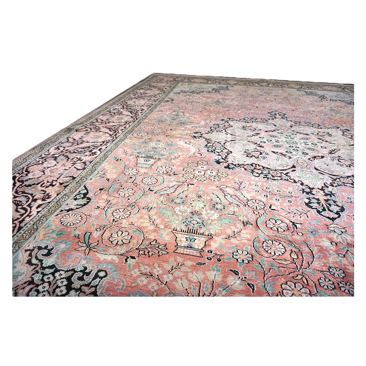 Vintage Kashmiri Silk Qum 9x12 Salmon, Ivory & Black Handmade Area Rug #1144775
