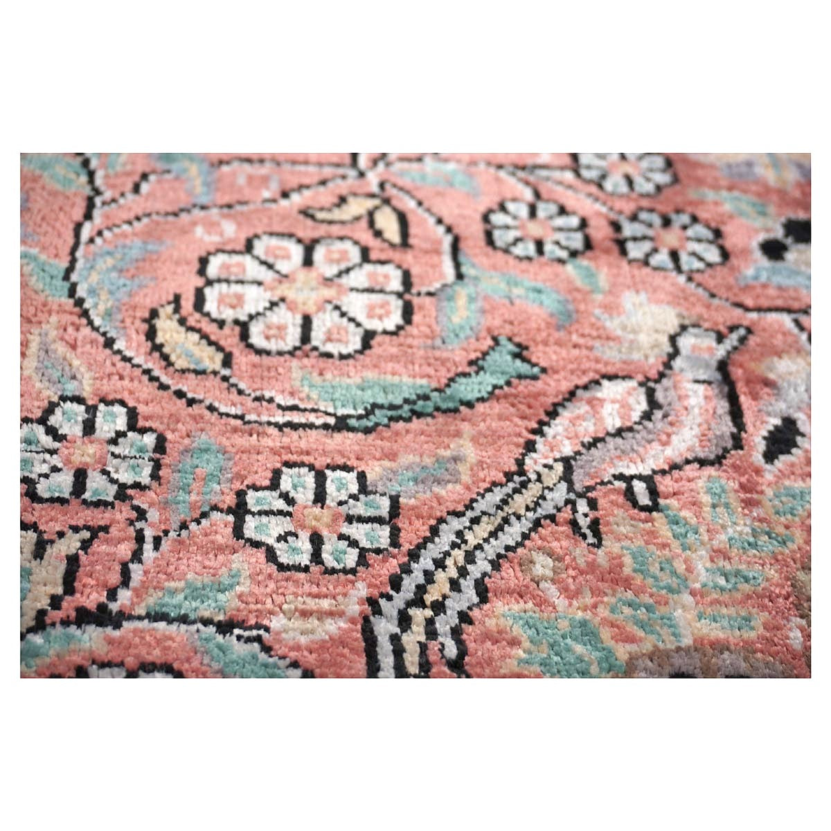 Vintage Kashmiri Silk Qum 9x12 Salmon, Ivory & Black Handmade Area Rug #1144775