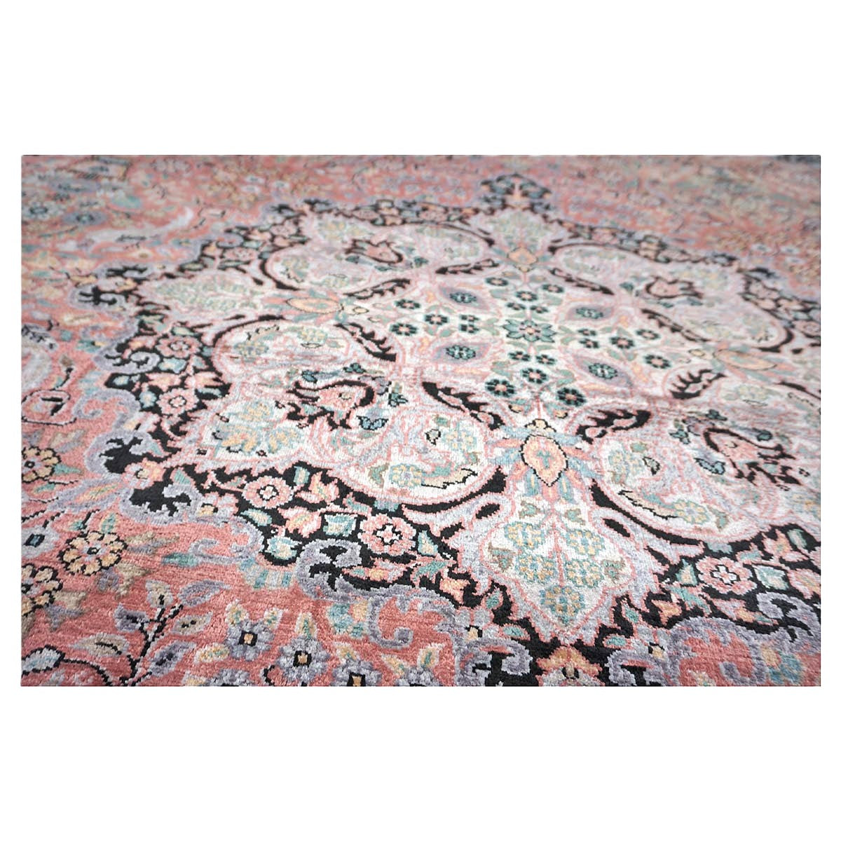 Vintage Kashmiri Silk Qum 9x12 Salmon, Ivory & Black Handmade Area Rug #1144775