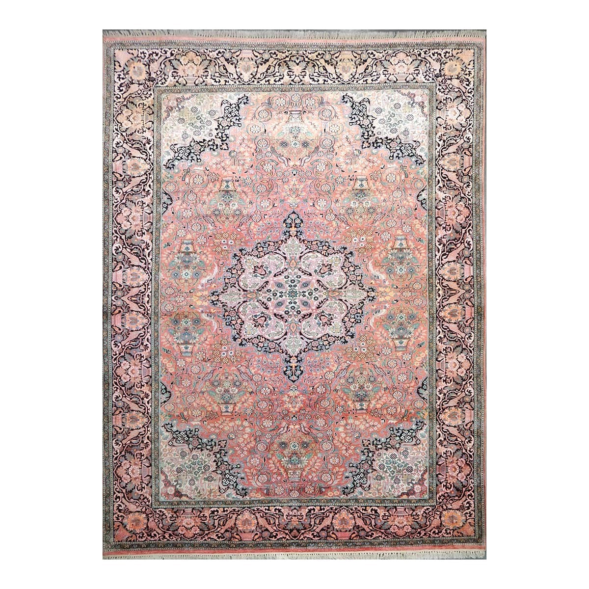 Vintage Kashmiri Silk Qum 9x12 Salmon, Ivory & Black Handmade Area Rug #1144775