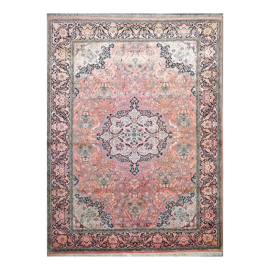 Vintage Kashmiri Silk Qum 9x12 Salmon, Ivory & Black Handmade Area Rug #1144775