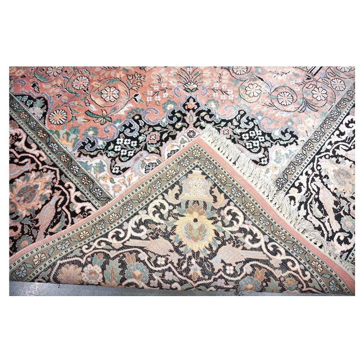 Vintage Kashmiri Silk Qum 9x12 Salmon, Ivory & Black Handmade Area Rug #1144775
