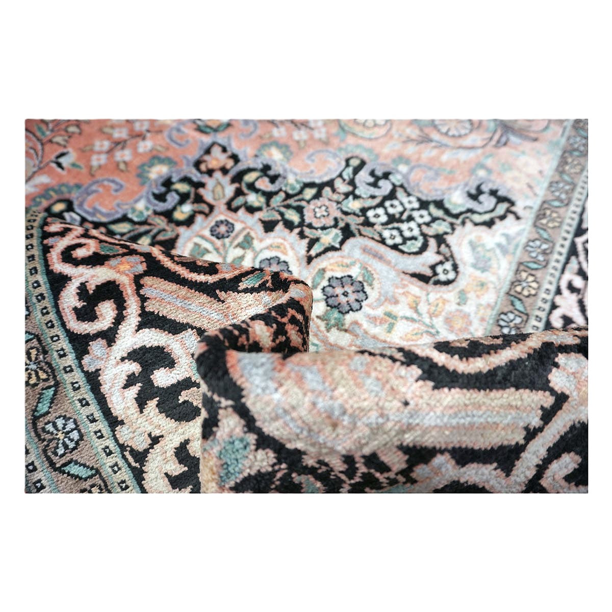 Vintage Kashmiri Silk Qum 9x12 Salmon, Ivory & Black Handmade Area Rug #1144775