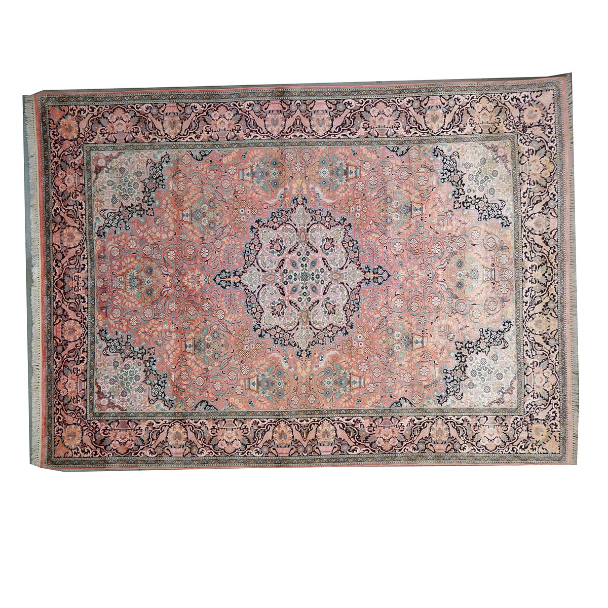 Vintage Kashmiri Silk Qum 9x12 Salmon, Ivory & Black Handmade Area Rug #1144775
