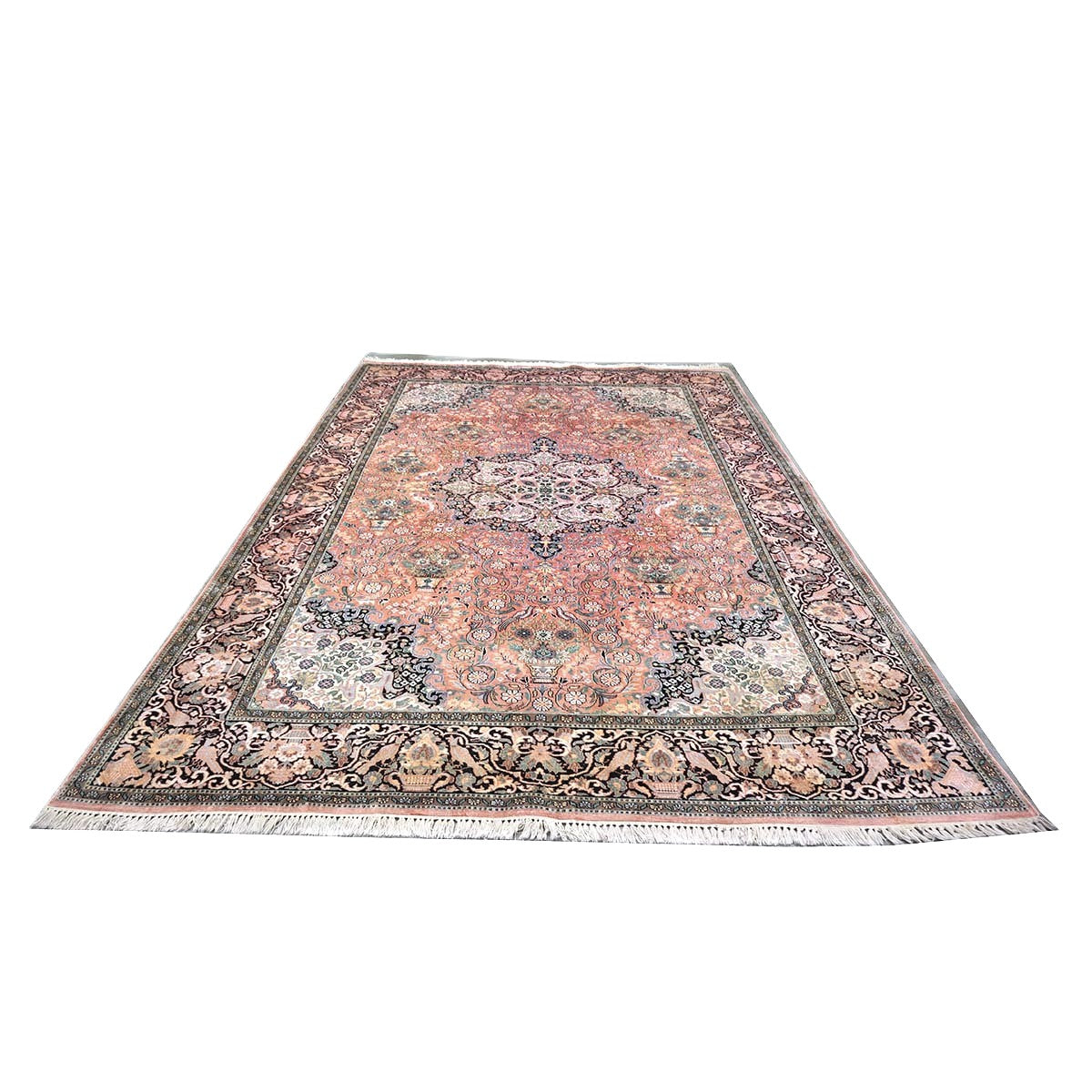 Vintage Kashmiri Silk Qum 9x12 Salmon, Ivory & Black Handmade Area Rug #1144775