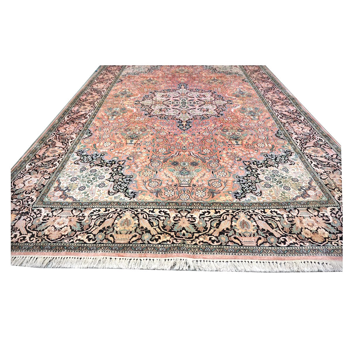 Vintage Kashmiri Silk Qum 9x12 Salmon, Ivory & Black Handmade Area Rug #1144775