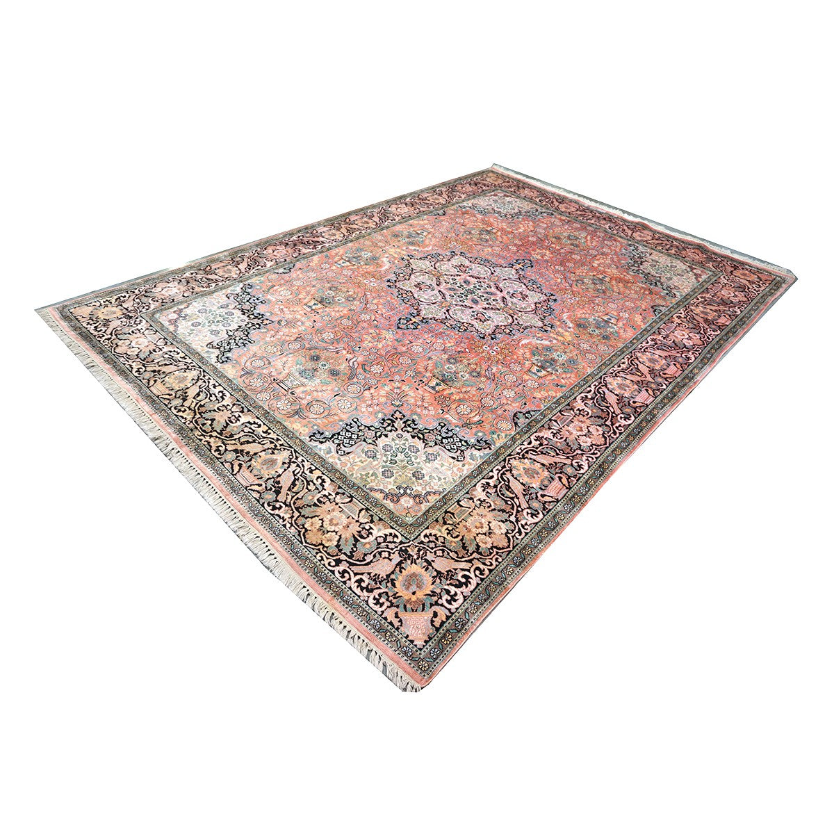 Vintage Kashmiri Silk Qum 9x12 Salmon, Ivory & Black Handmade Area Rug #1144775