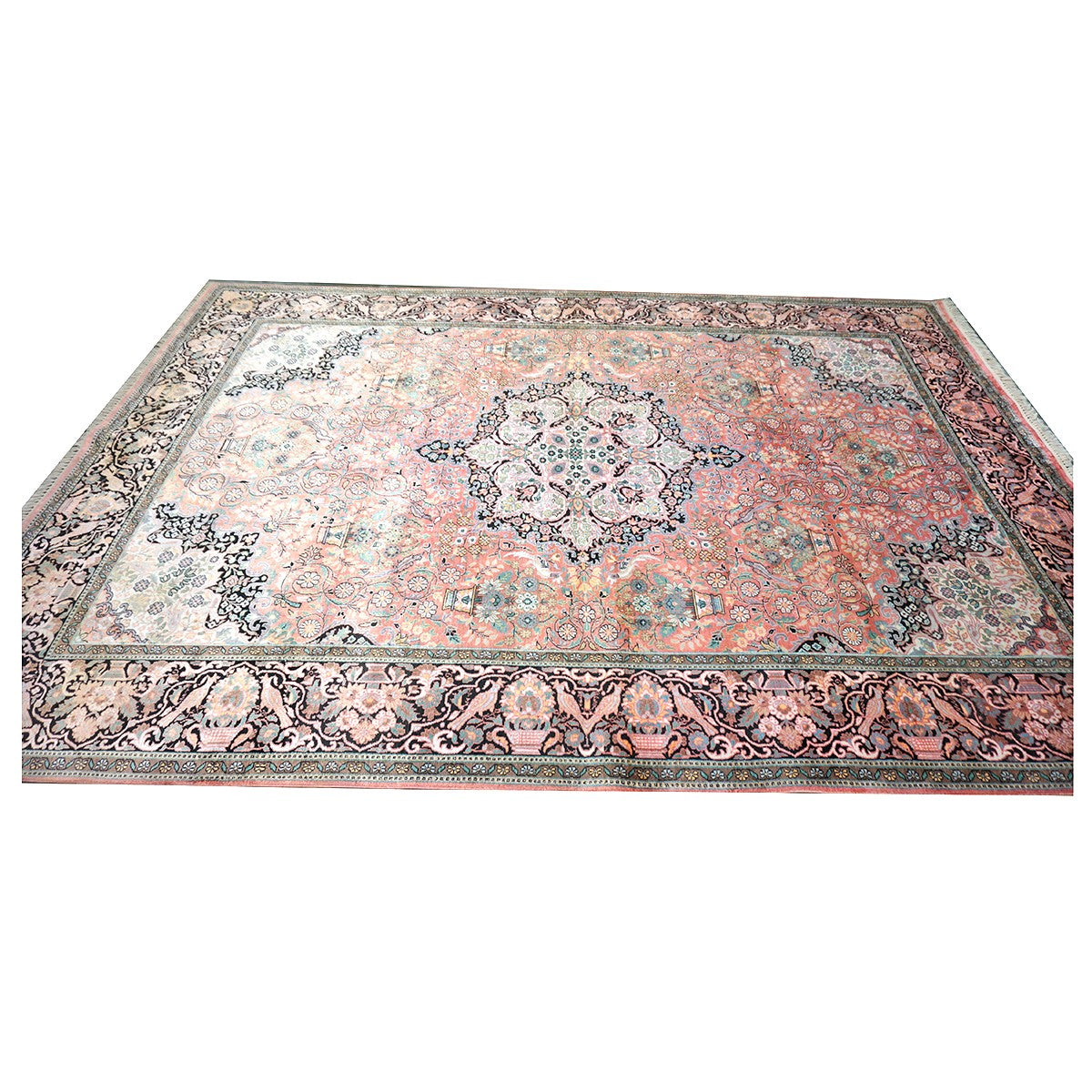 Vintage Kashmiri Silk Qum 9x12 Salmon, Ivory & Black Handmade Area Rug #1144775