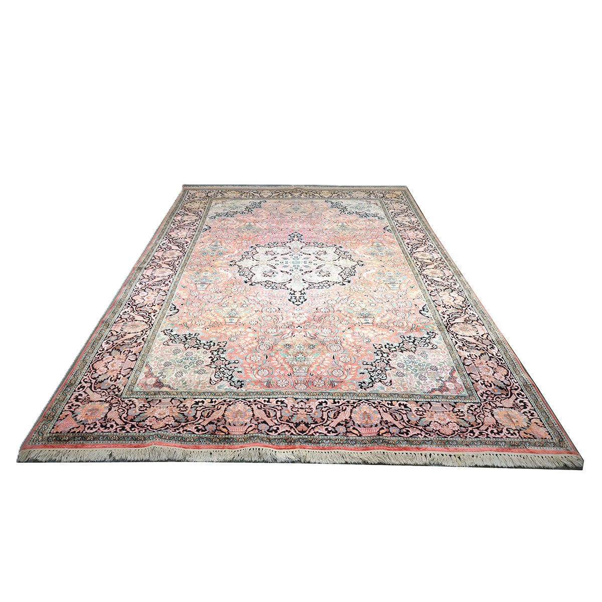 Vintage Kashmiri Silk Qum 9x12 Salmon, Ivory & Black Handmade Area Rug #1144775