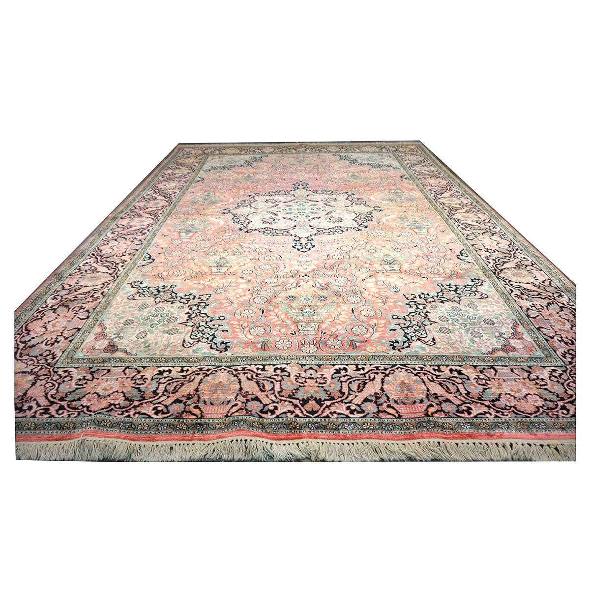 Vintage Kashmiri Silk Qum 9x12 Salmon, Ivory & Black Handmade Area Rug #1144775