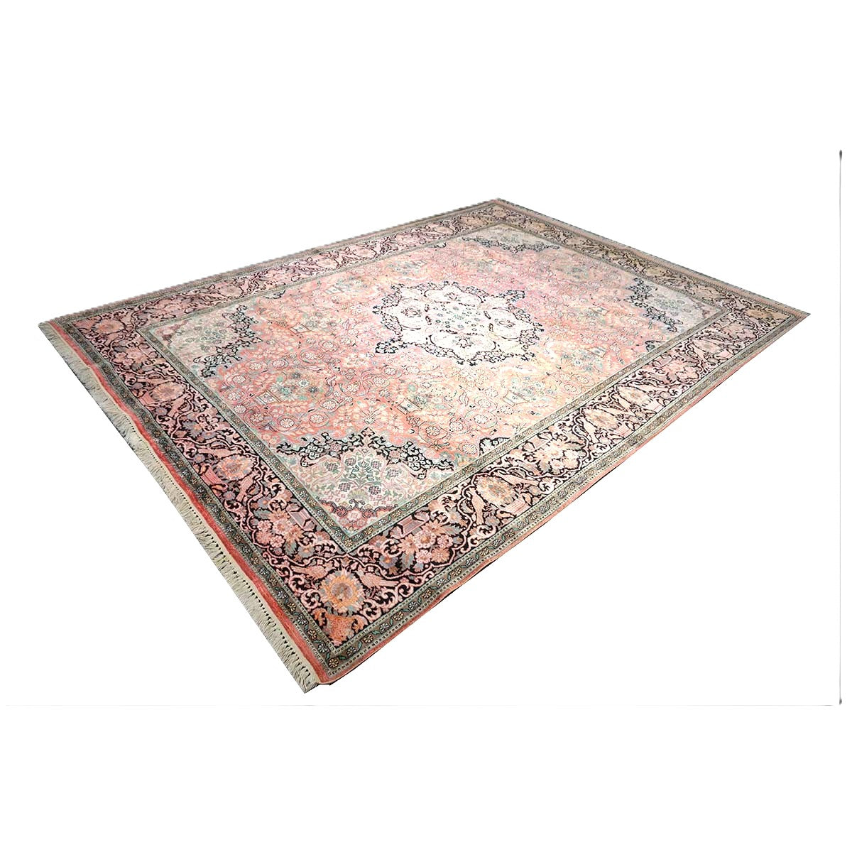 Vintage Kashmiri Silk Qum 9x12 Salmon, Ivory & Black Handmade Area Rug #1144775