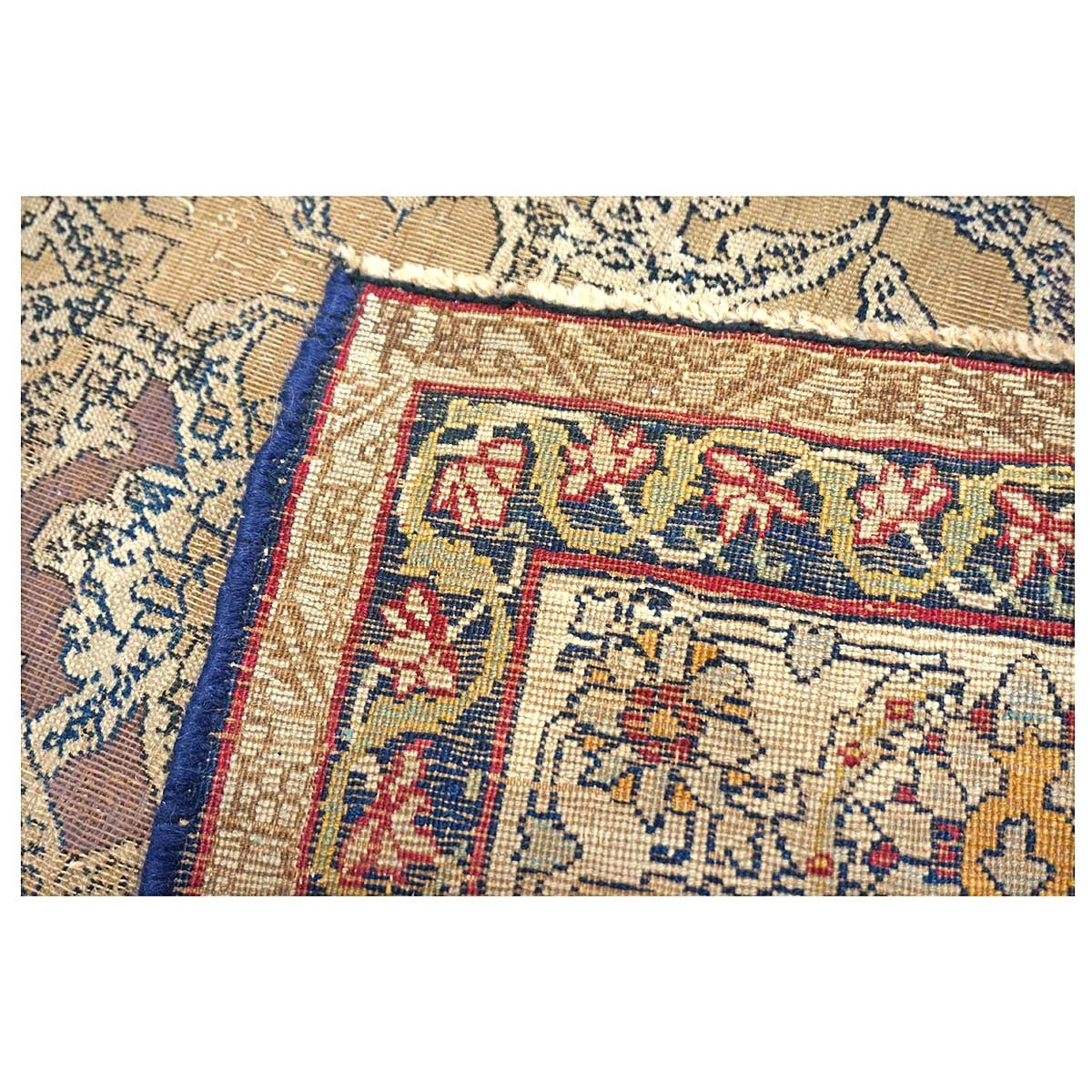 Antique Persian Tehran Wool 4x7 Tan, Blue & Ivory Handmade Area Rug #1144779